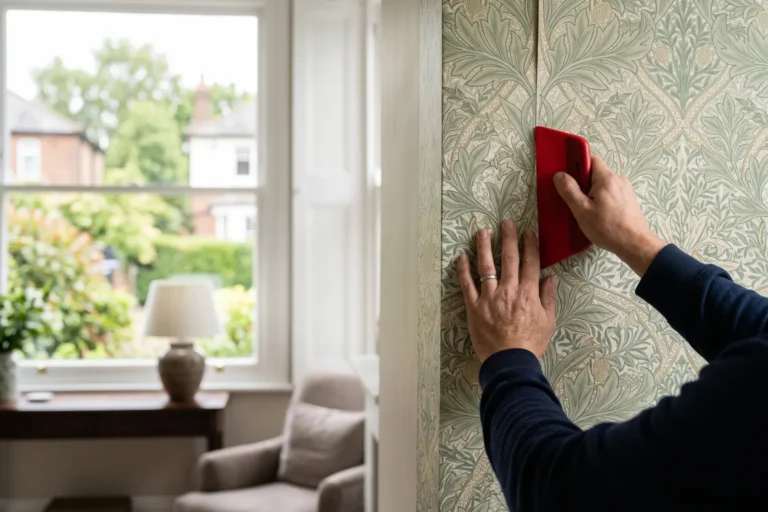 Installer pressing a wallpaper seam flat with a smoothing tool