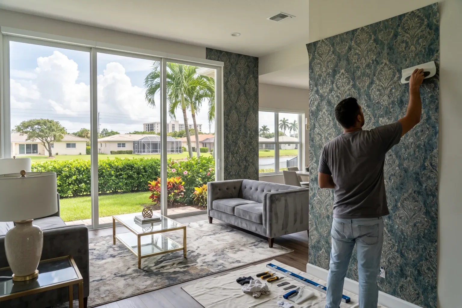 Installer smoothing a new panel of patterned wallpaper on a living room wall